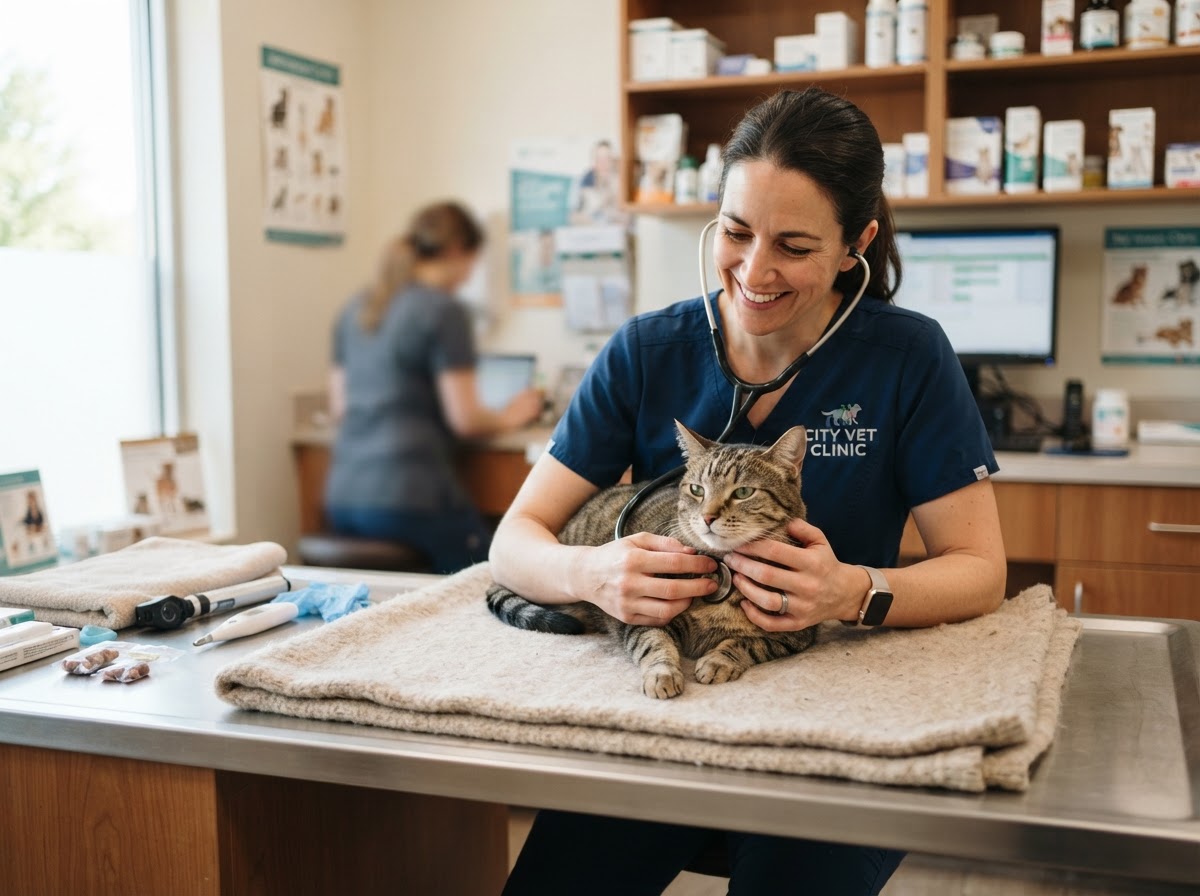 Veterinarian gently examining a calm cat during a wellness check