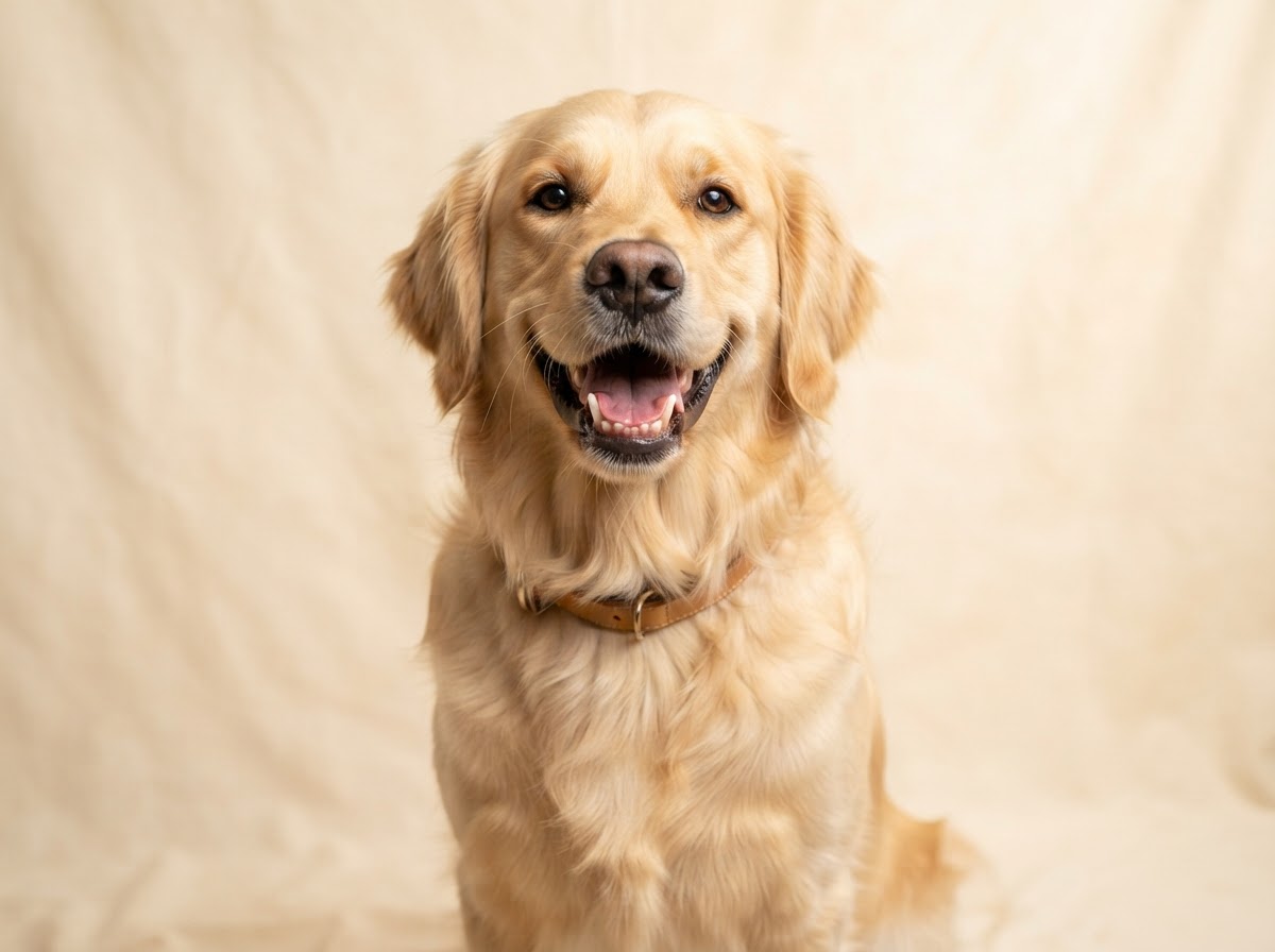 Happy smiling golden retriever with clean healthy teeth