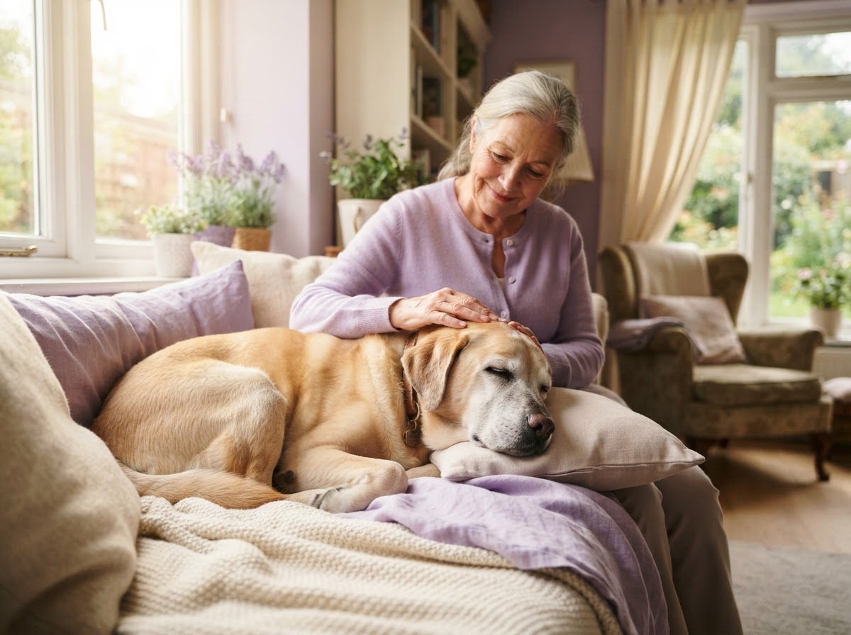 Senior dog resting peacefully beside its loving owner