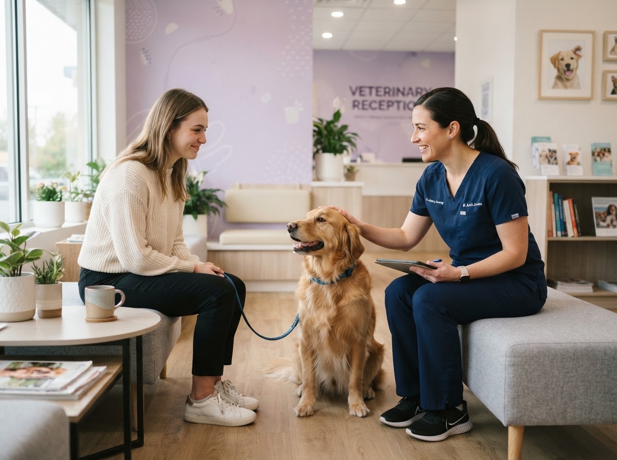Veterinarian sitting with a pet owner and their dog in a warm, welcoming clinic setting