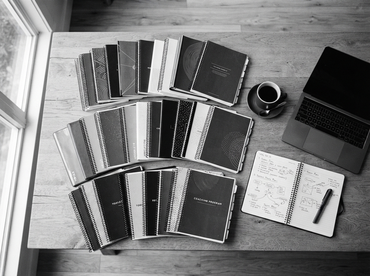 Coaching workbooks and programmes laid out on a desk beside a laptop