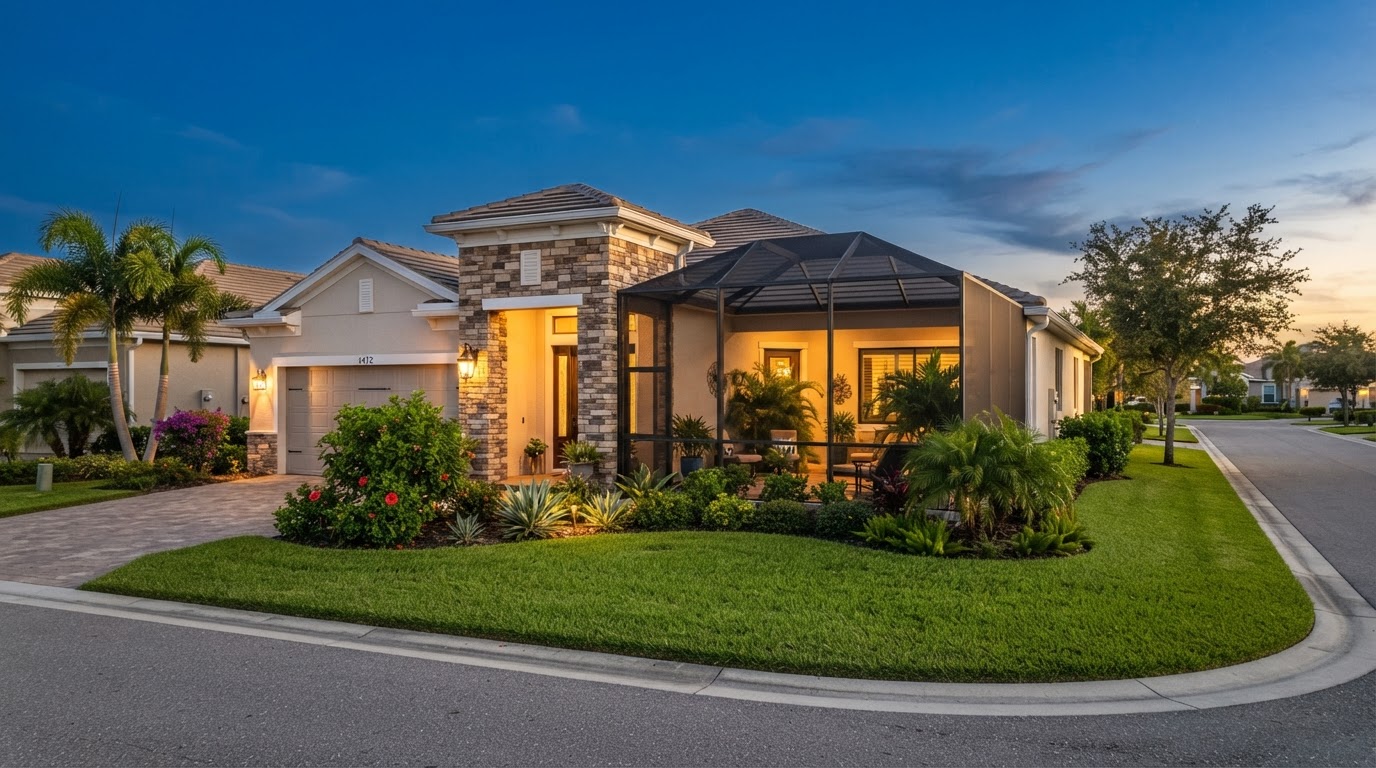 A warm, inviting single-story Florida active-adult patio home at golden hour