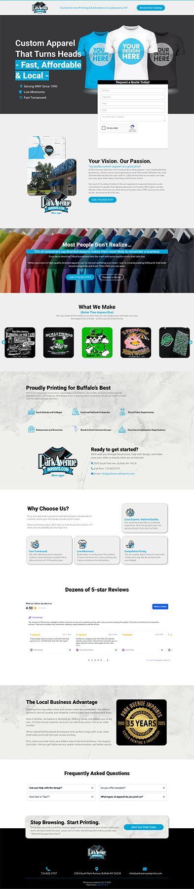 Full one-page website for Park Avenue Imprints by Gung Ho Local