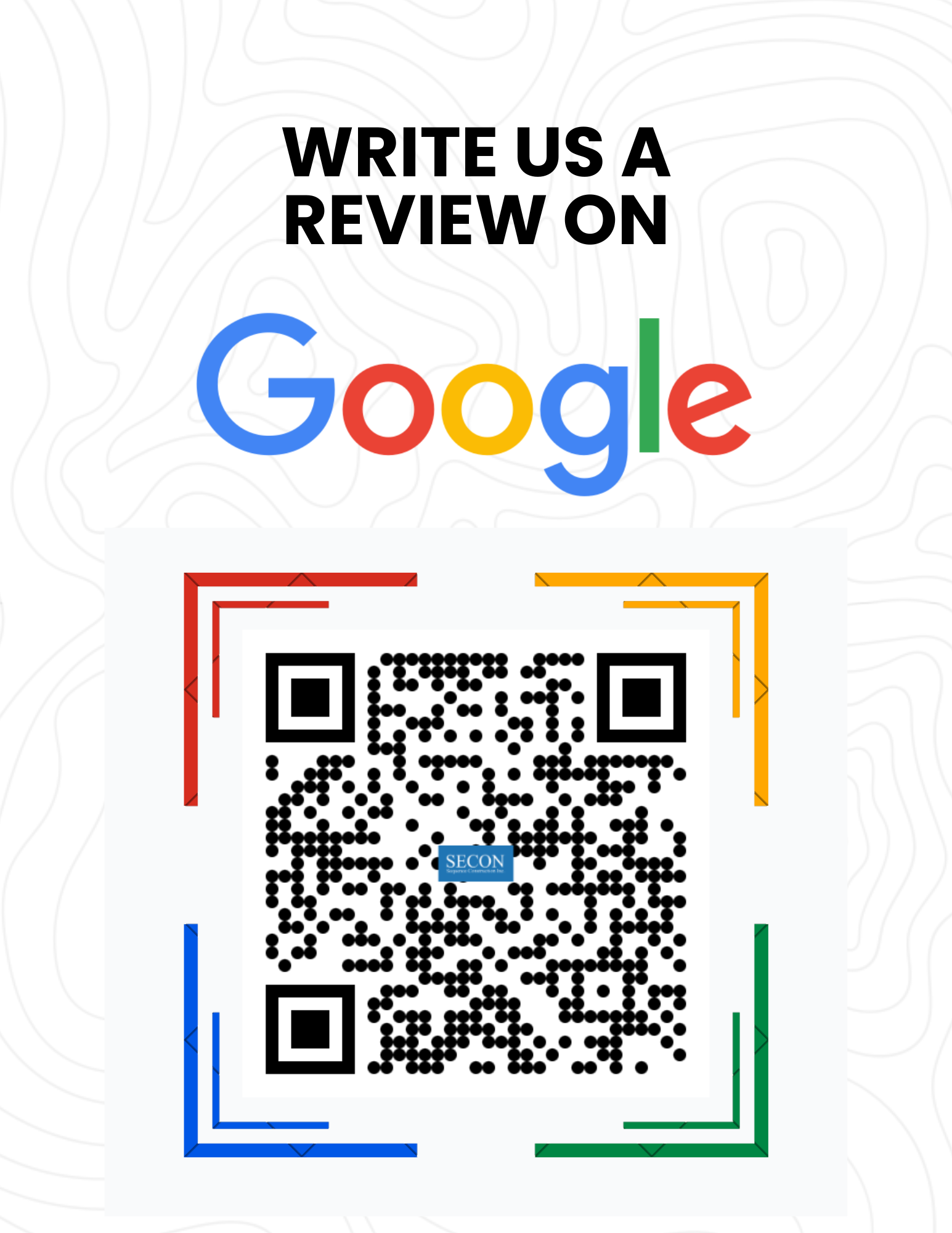 Custom Google Review QR code card created for SECON