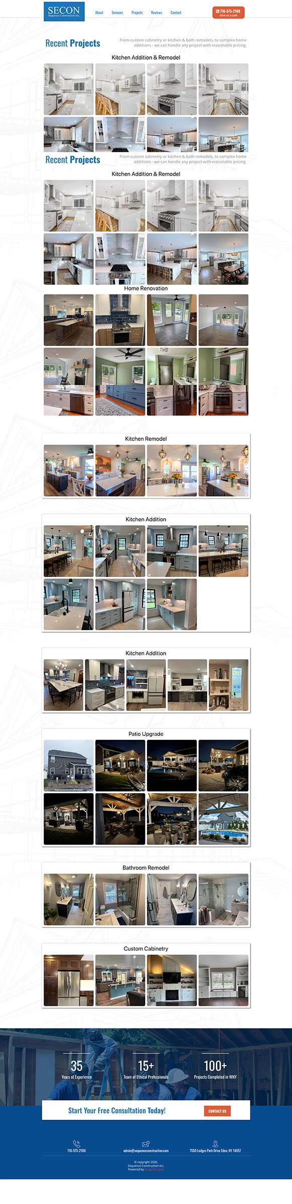 SECON Recent Projects page designed by Gung Ho Local — showcasing Kitchen Remodels, Additions, Home Renovations, Patio Upgrades, and Custom Cabinetry