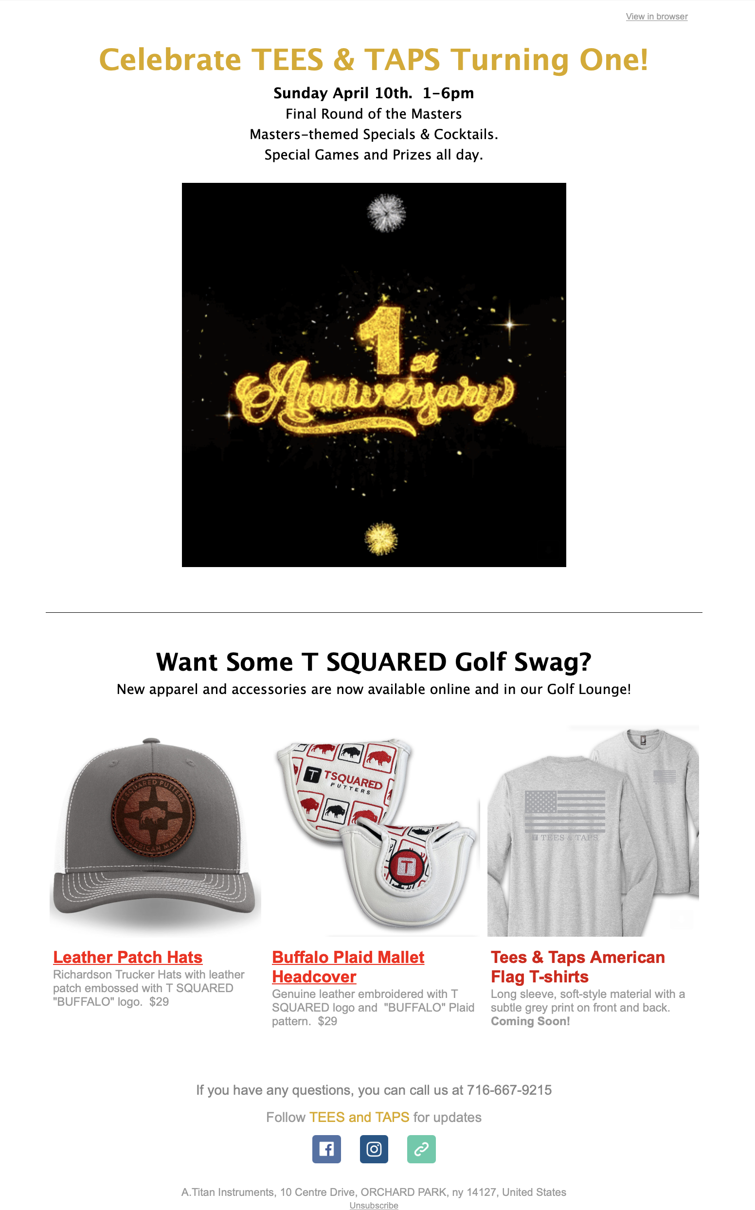 First Anniversary and T Squared Golf Swag email