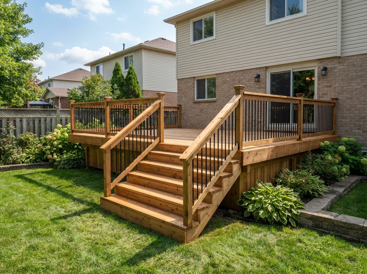 New deck, treated lumber, metal balusters
