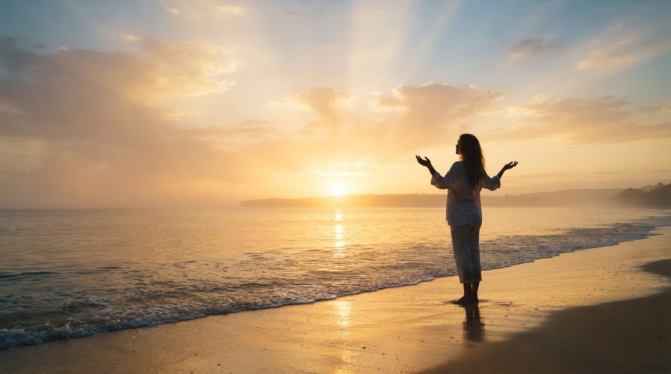 A figure standing at the edge of a calm ocean at golden sunrise, evoking inner alignment and transformation