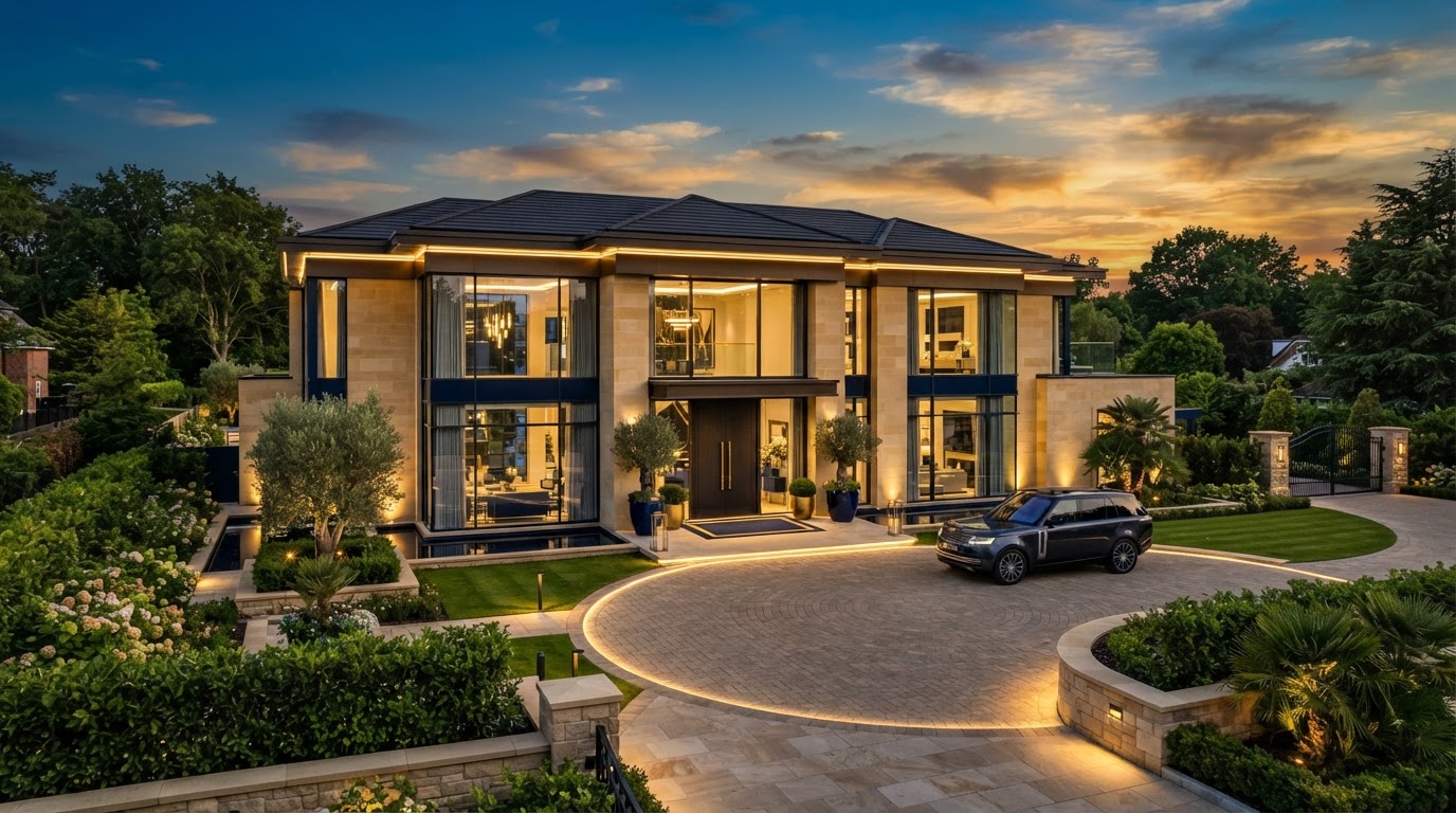 Luxury modern home exterior at golden hour