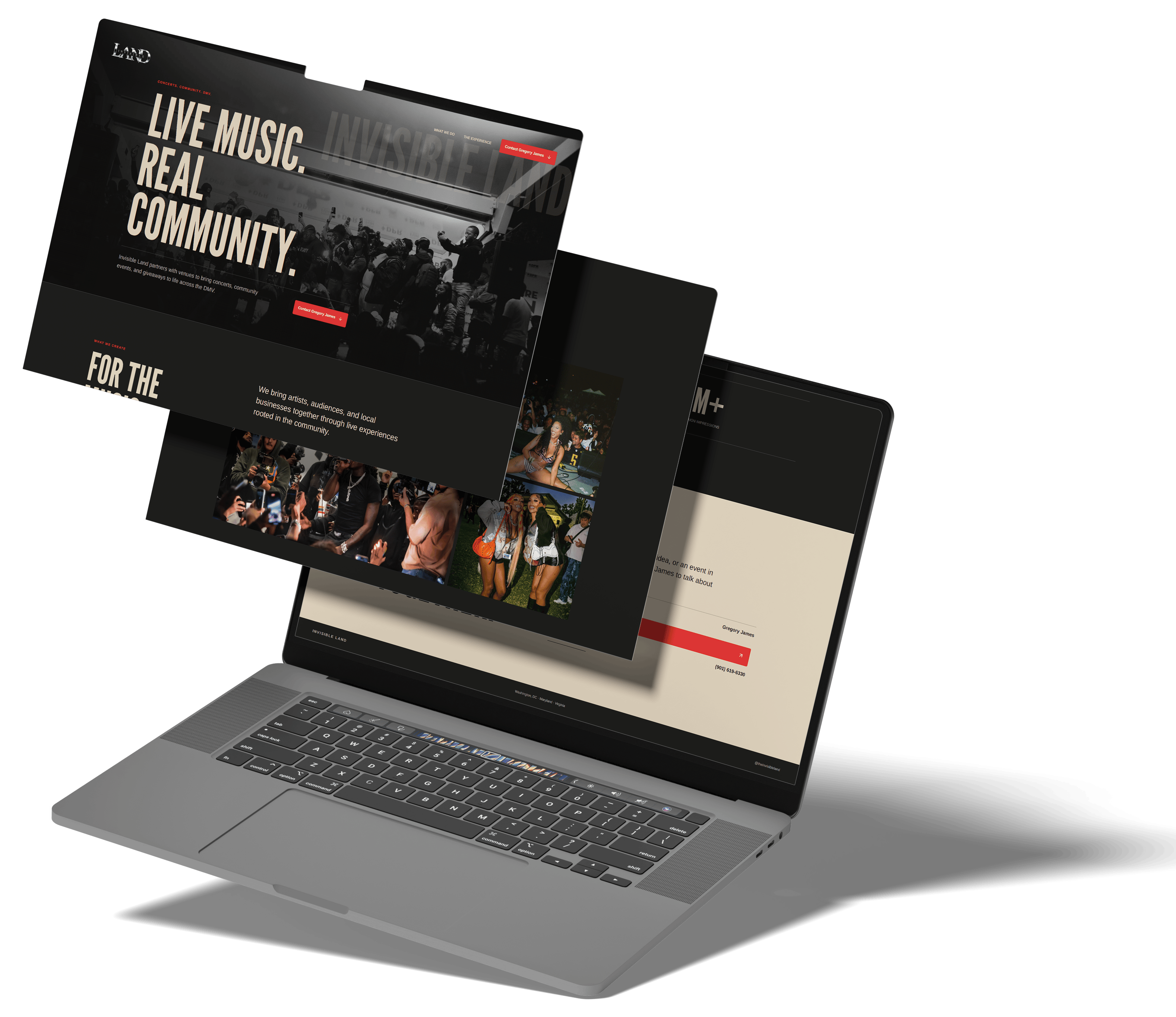 Invisible Land website presentation on laptop with layered mockups