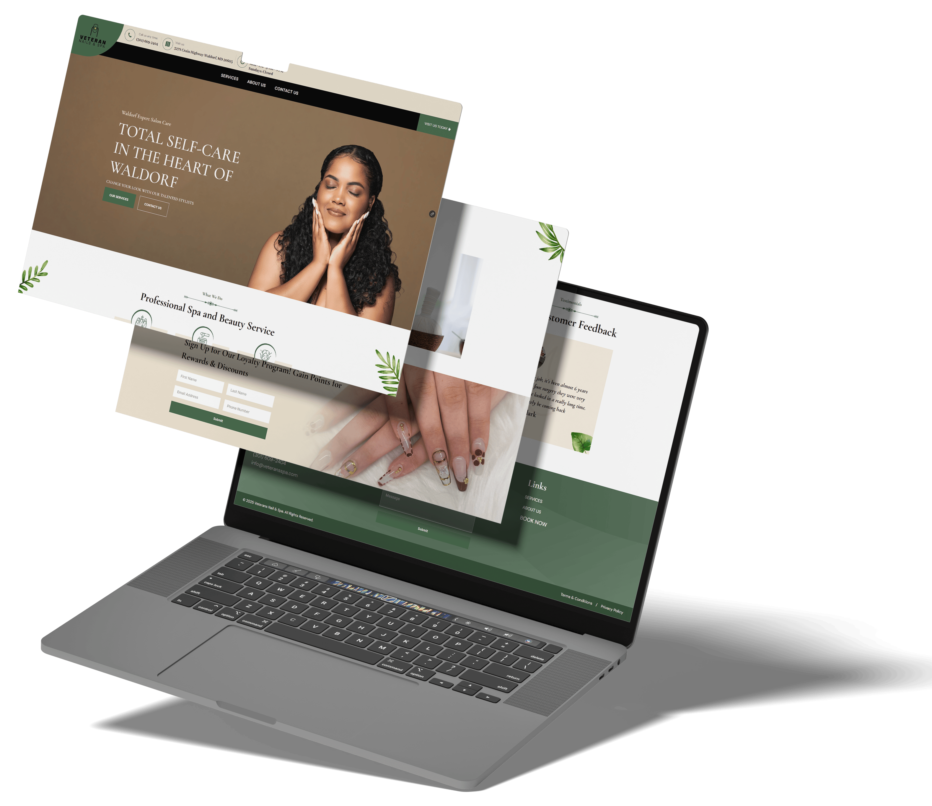 Veteran Nails & Spa website presentation on laptop with layered mockups
