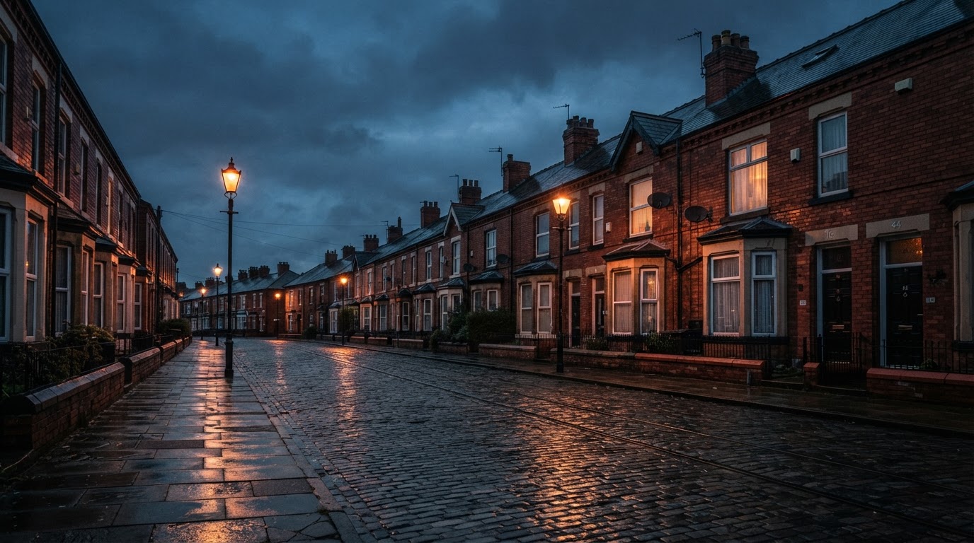 Evening streetscape of Victorian and Edwardian terraced houses in Stretford, Greater Manchester
