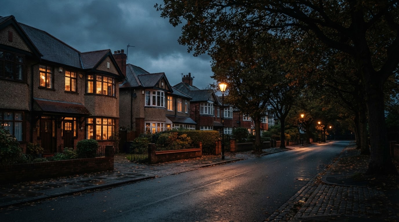 Evening view of 1930s semi-detached houses along a quiet road in Urmston, Greater Manchester