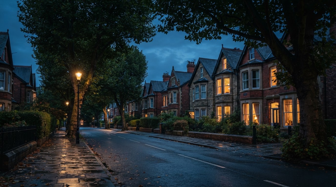 Leafy suburban street with large Victorian and Edwardian semis in Chorlton, South Manchester