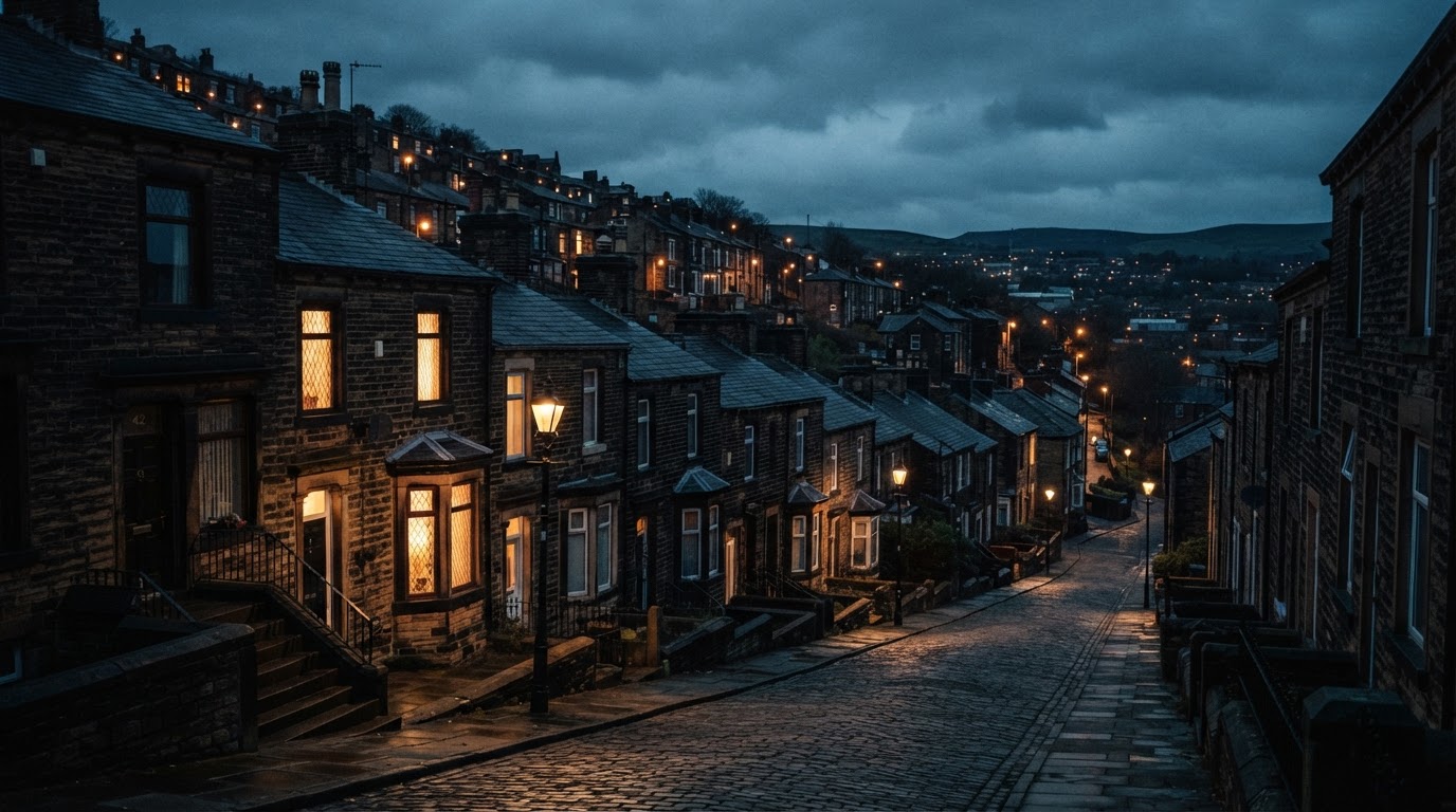 Dense Victorian terraced houses climbing a hillside at dusk in Oldham, Greater Manchester