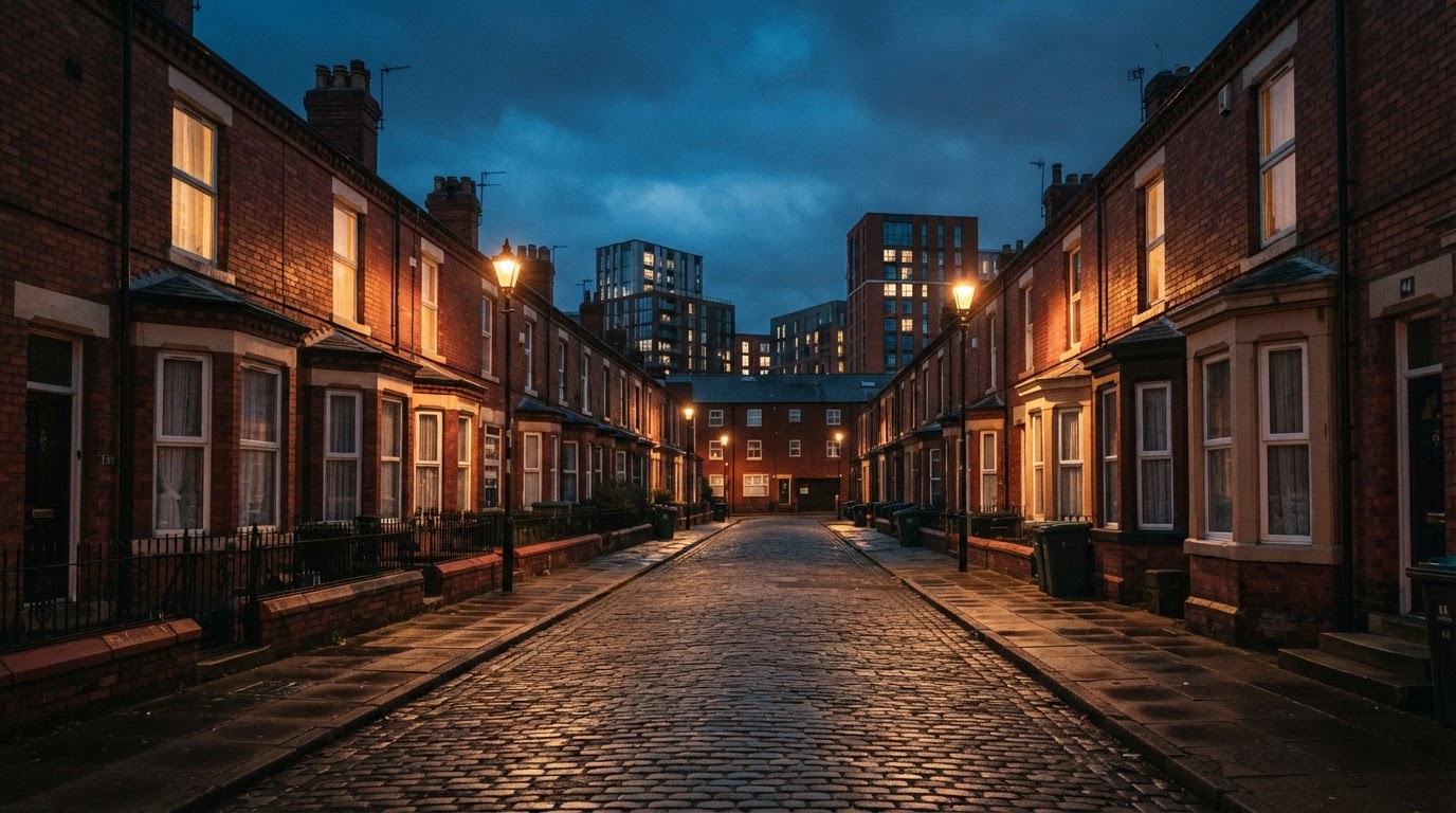 Rows of Victorian red-brick terraced houses at dusk in Salford, Greater Manchester