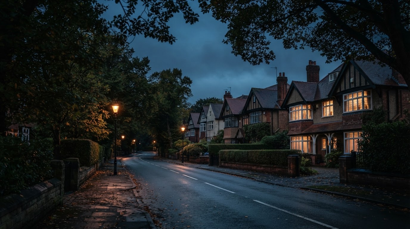 1930s detached homes and large older houses along a leafy road in Wilmslow, Cheshire