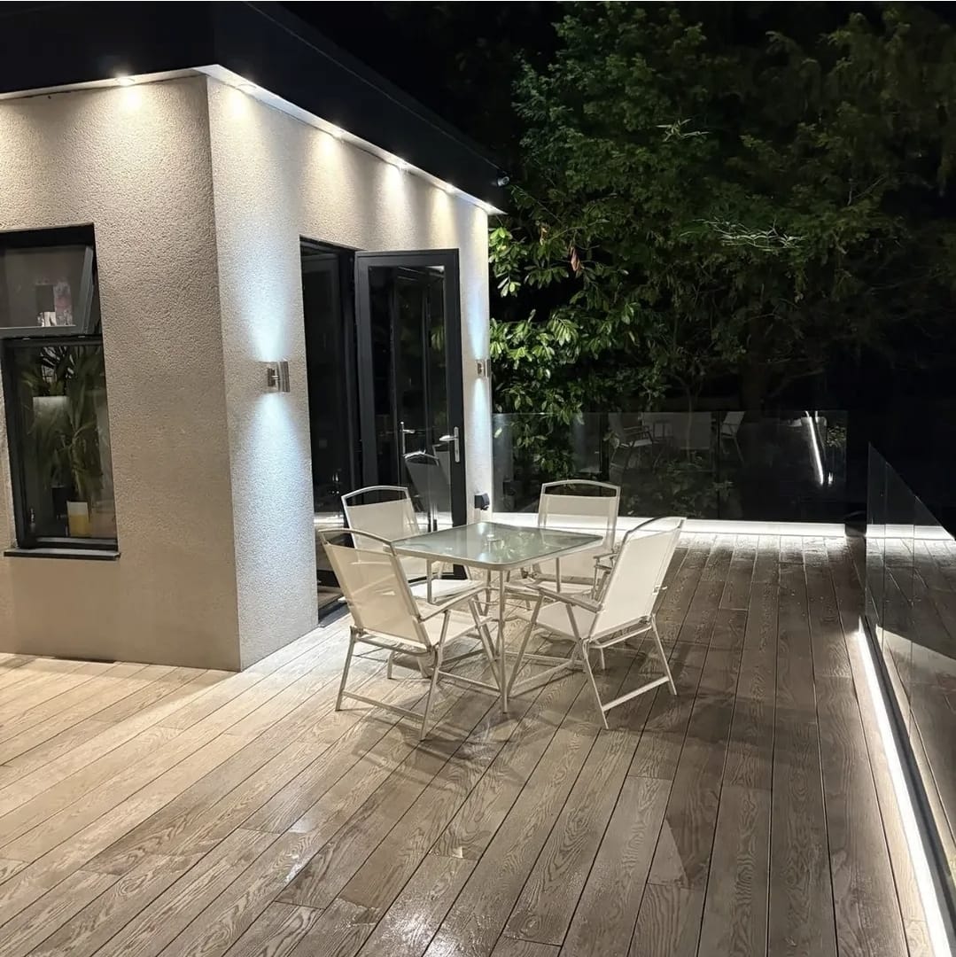 Outdoor patio deck lighting, soffit downlights, and exterior up-and-down sconces