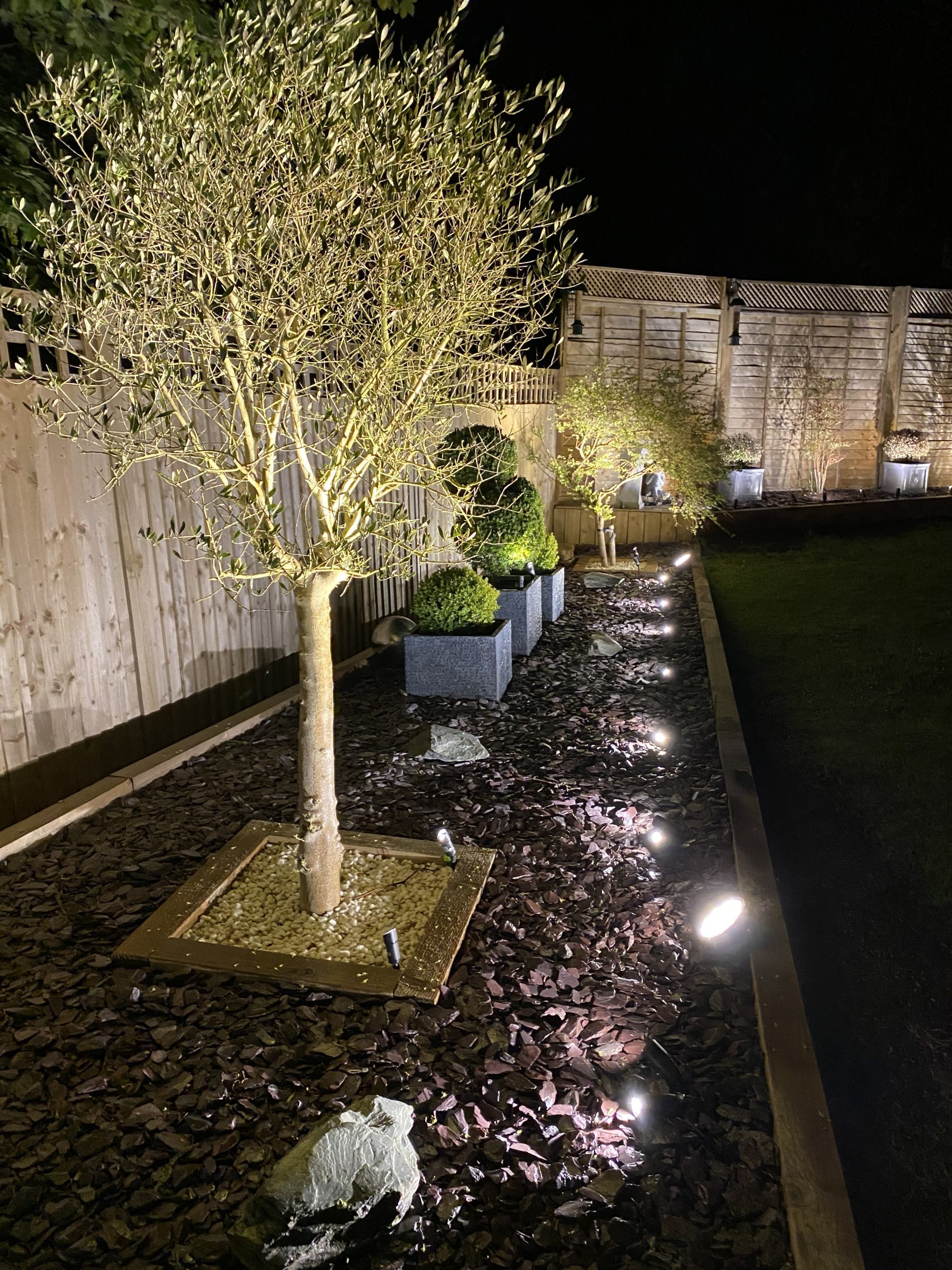 Garden landscape illuminated with low-voltage tree spot lights and pathway lights powered from outbuilding supply
