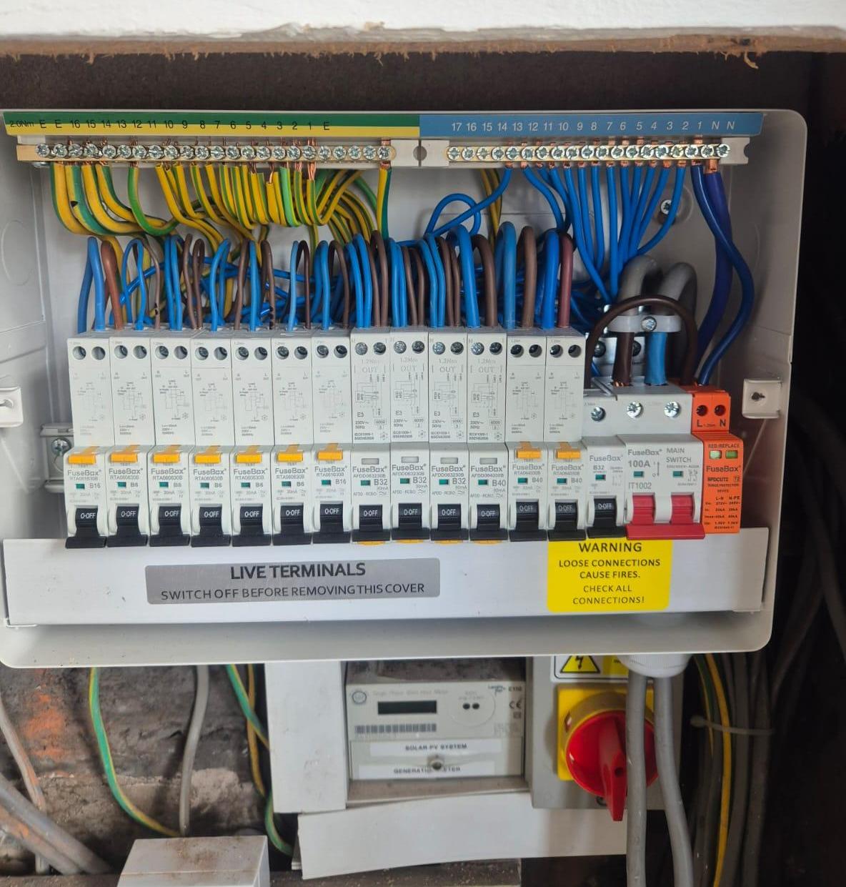 Modern metal FuseBox distribution board with individual RCBOs, Type 2 surge protection and solar sub-feed