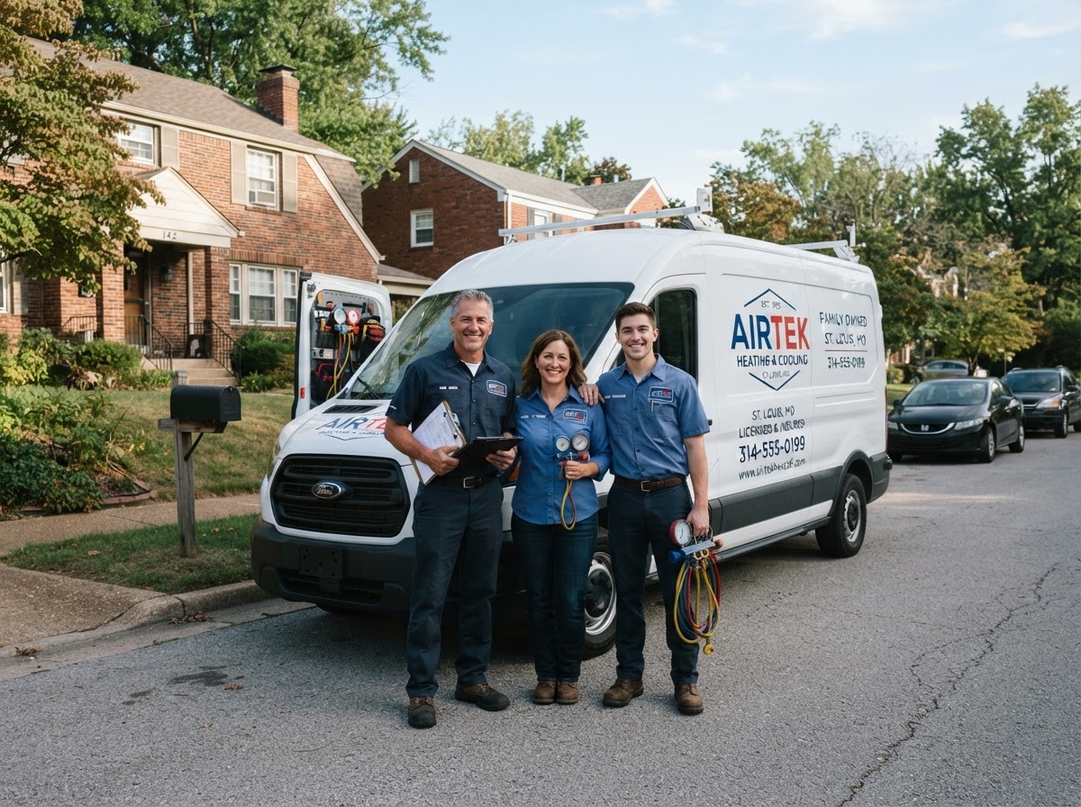 The Manson family HVAC team in front of their service van