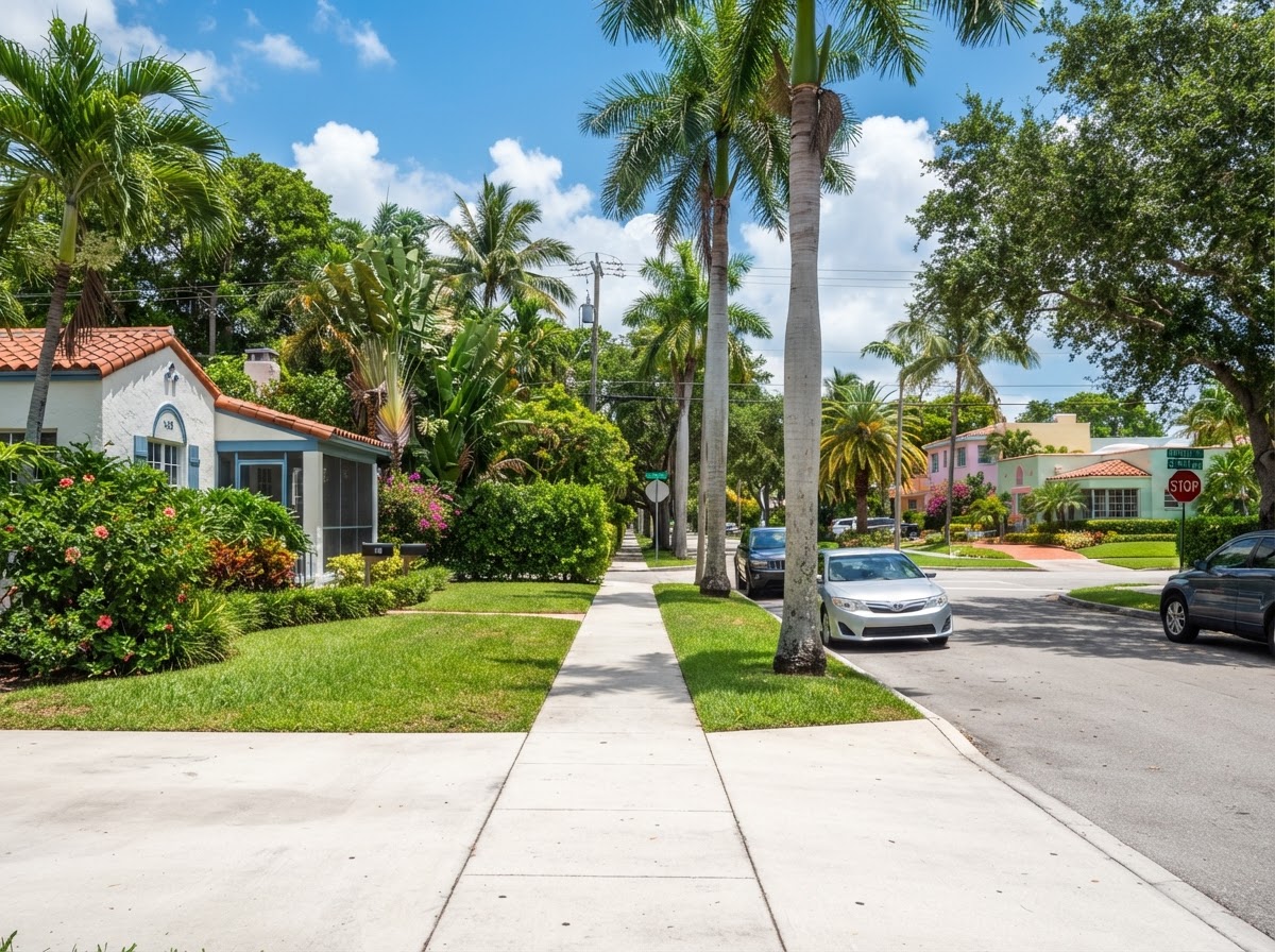 Low-rise street in South Florida at midday