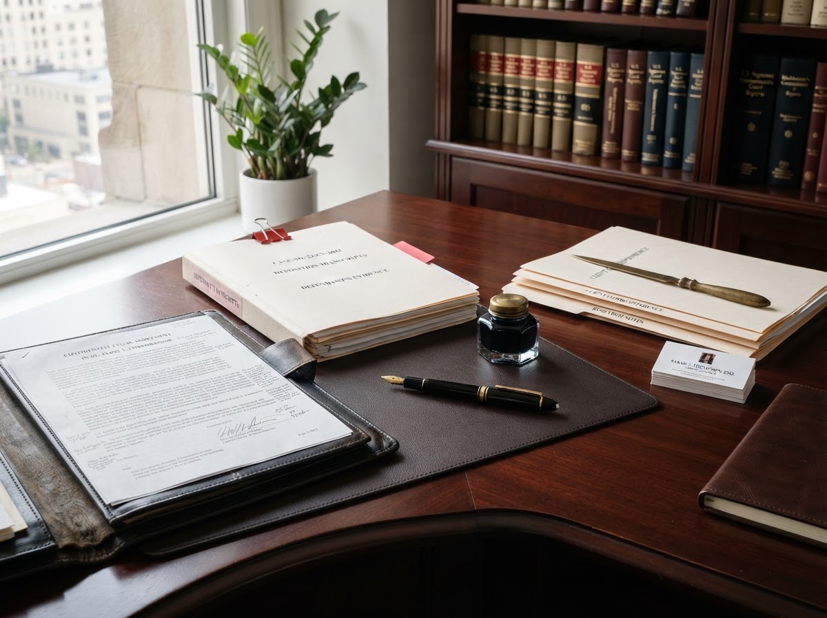 Legal documents and pen on desk in natural light