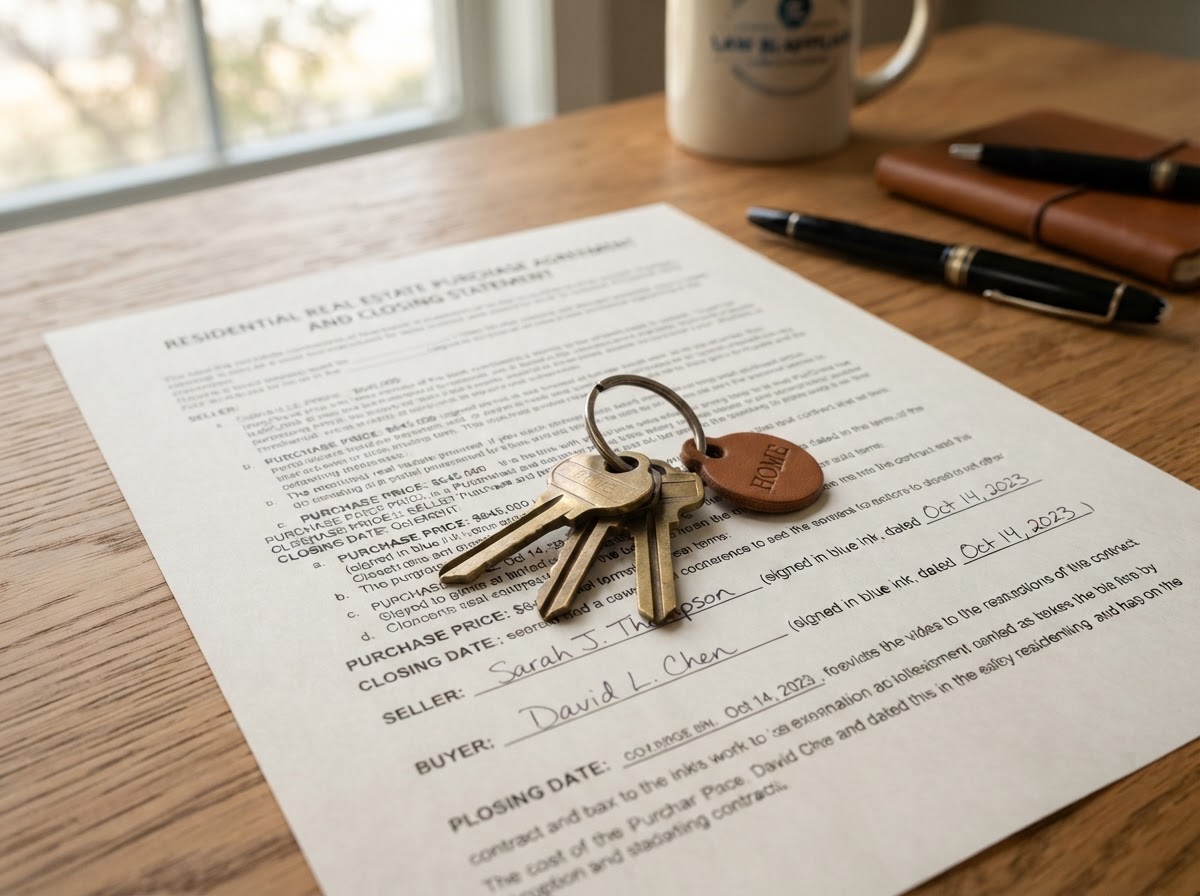 Brass keys resting beside signed legal real estate contract