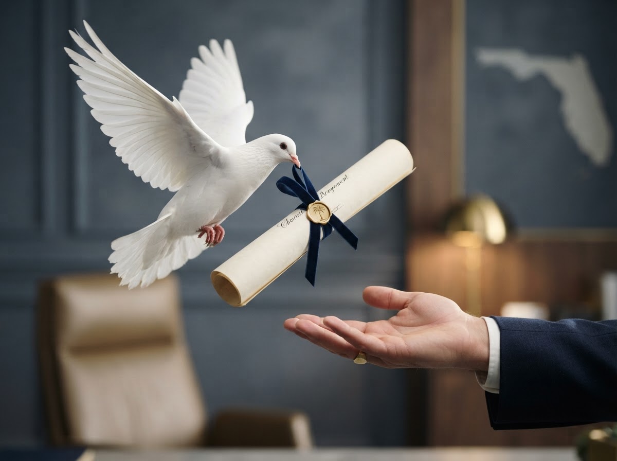 White dove delivering a deed into an open hand, conceptual representation of a Florida Lady Bird deed