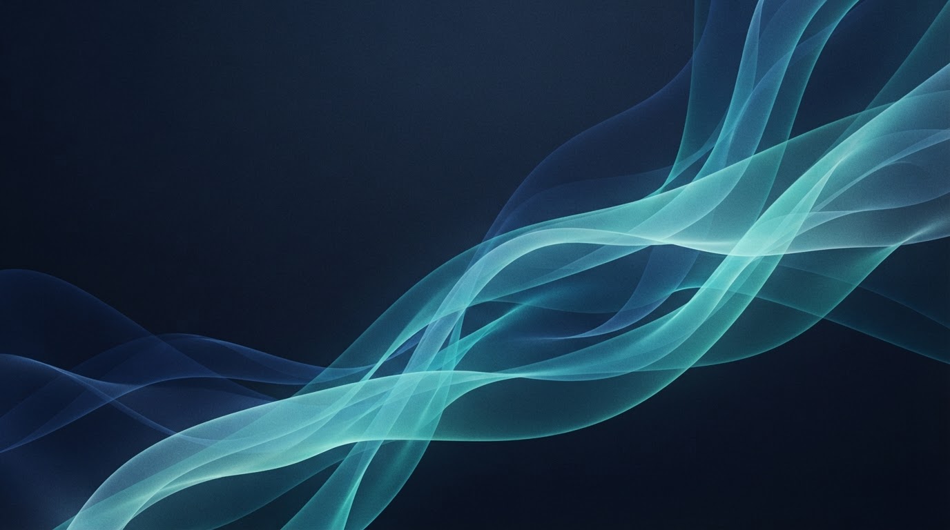 Abstract flowing teal and navy ribbons representing a connected family of ventures