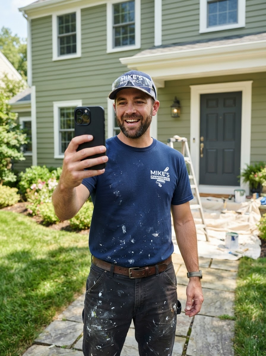 Painting contractor filming authentic phone video content on a job site