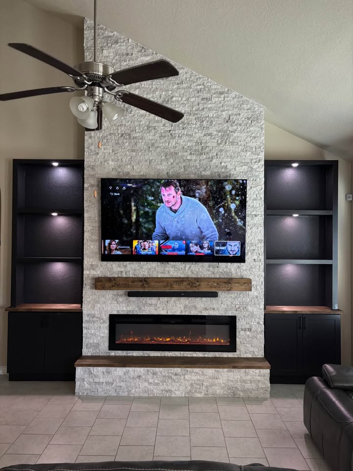 Vaulted Ledger Stone Fireplace & Media Wall — San Antonio, TX custom build by CT Home Design