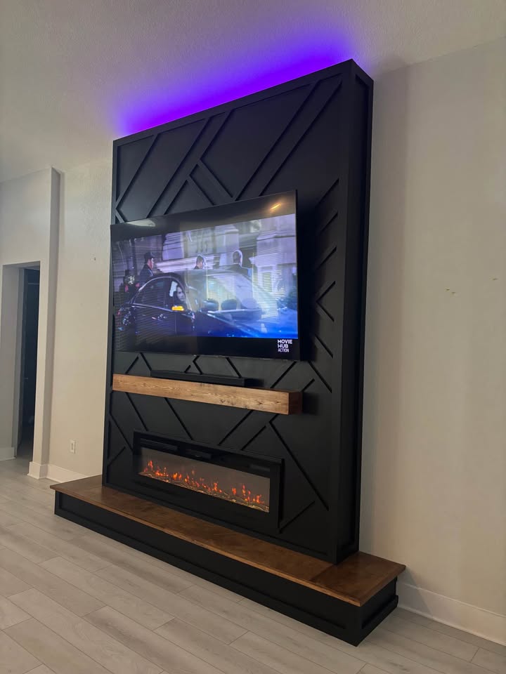 Matte Black Geometric Media Wall & Fireplace