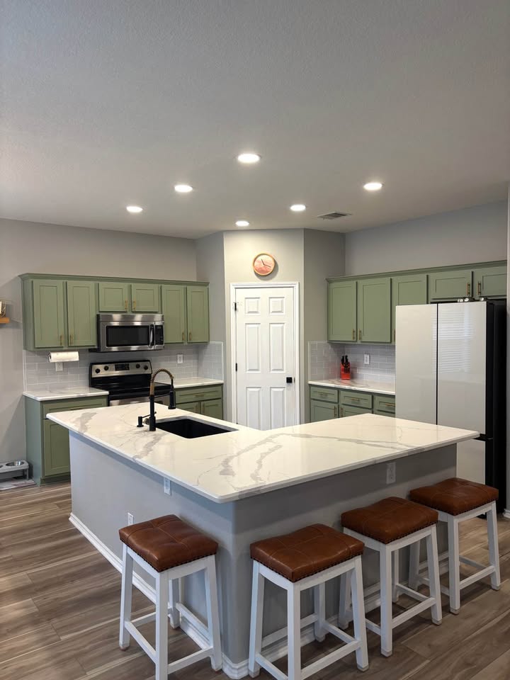 Sage Green Shaker Kitchen Cabinetry & Island