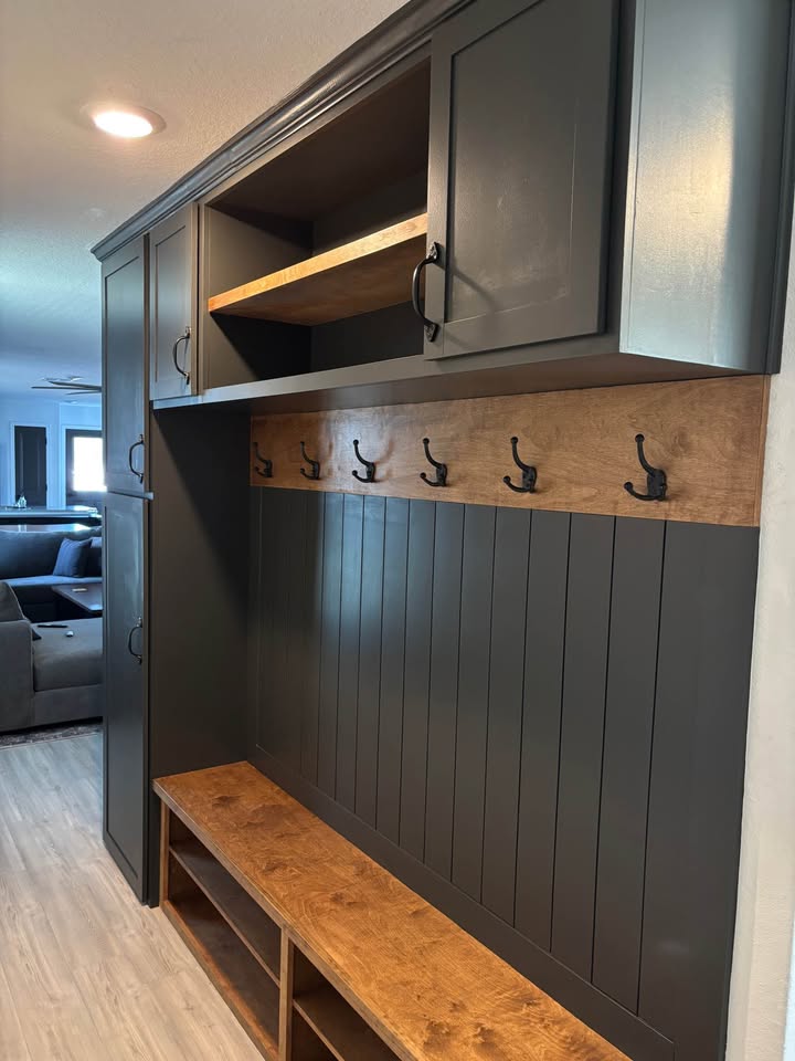 Charcoal & Warm Wood Mudroom Built-In