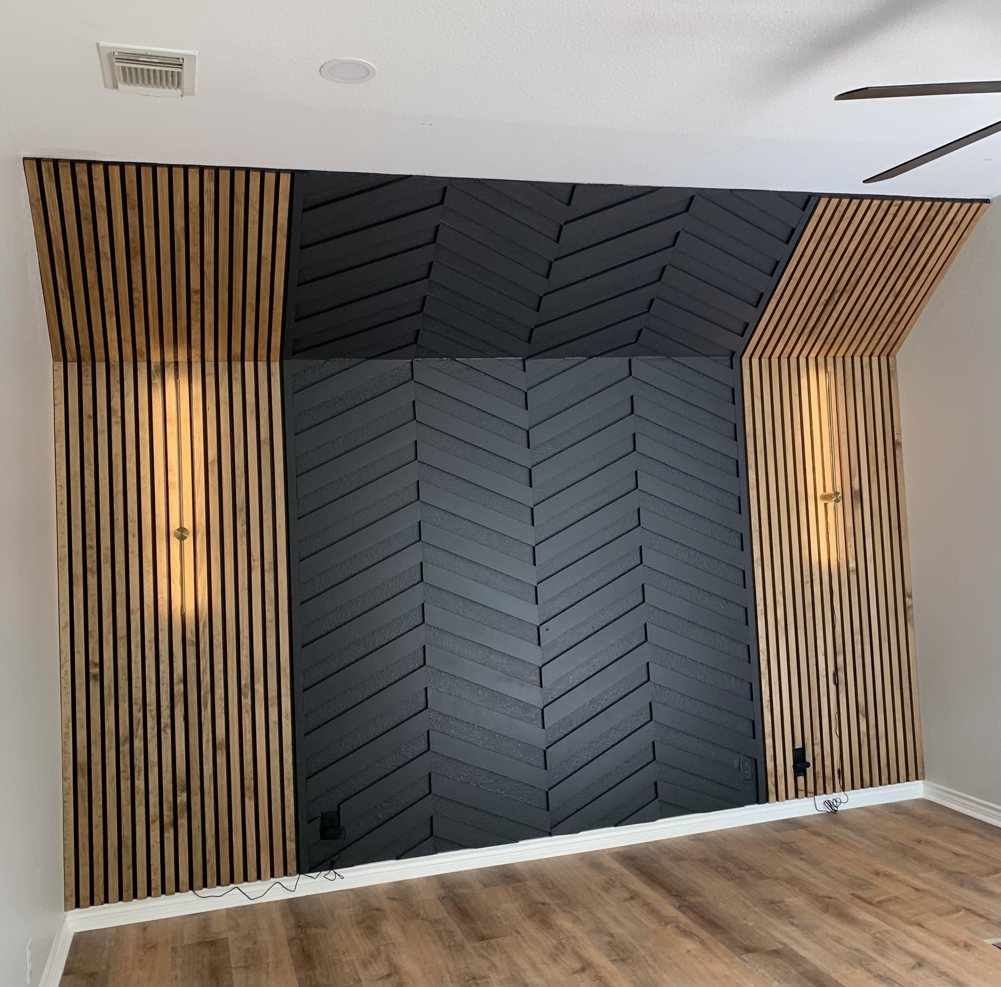 Oak Wood Slat & Charcoal Chevron Feature Wall