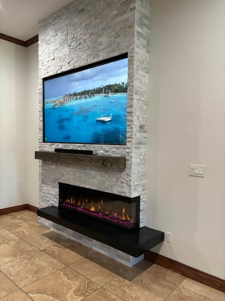 White Stacked Stone & 3-Sided Fireplace Media Wall