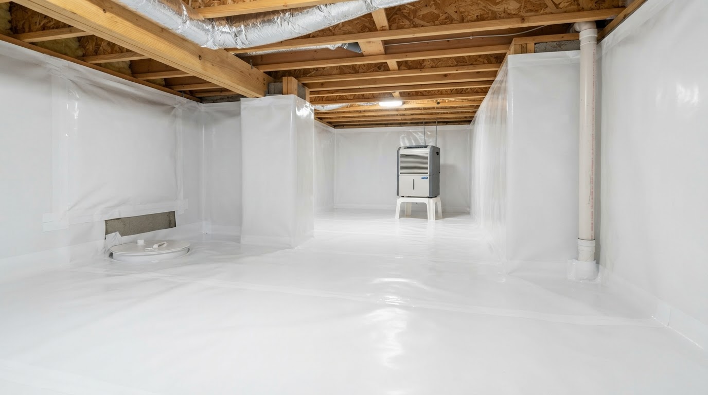 Encapsulated crawl space with white vapor barrier, sealed vents and dehumidifier