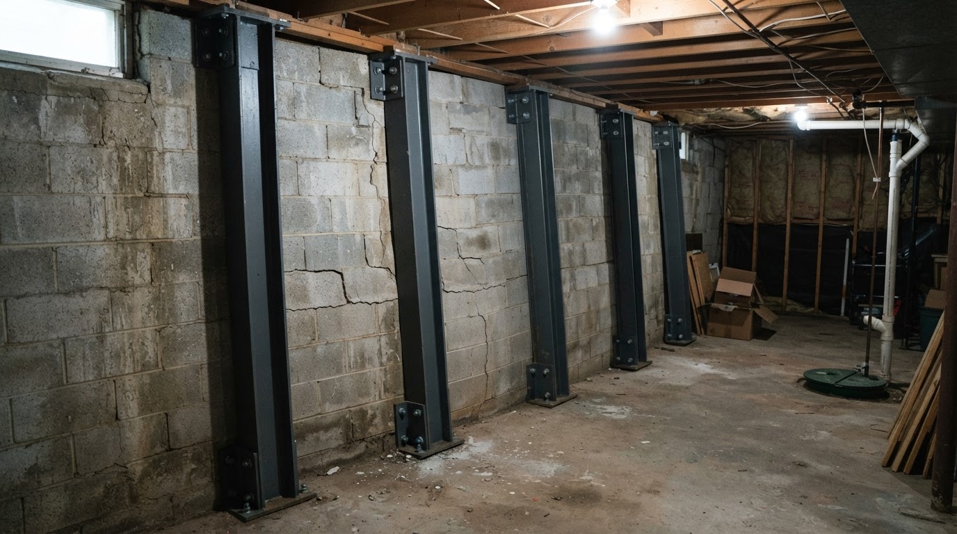 Bowing concrete block basement wall braced with vertical steel I-beams