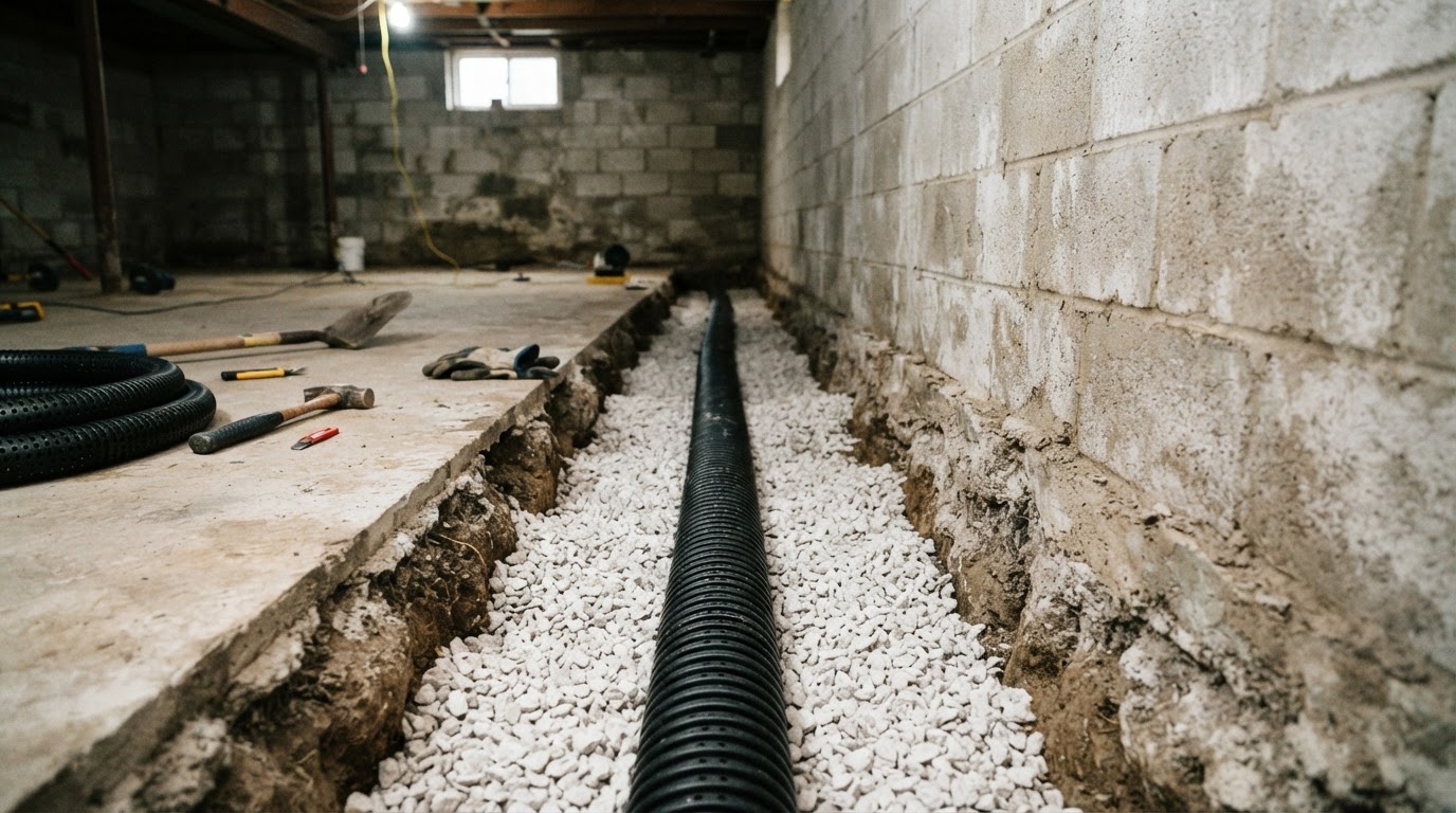 Interior drain tile installed along a basement floor-wall joint with washed gravel