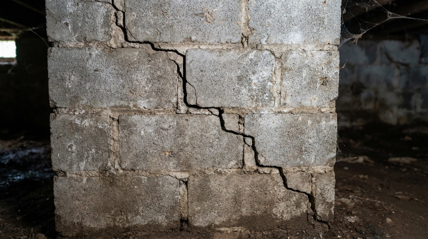 Stair-step crack through mortar joints of a concrete block foundation wall