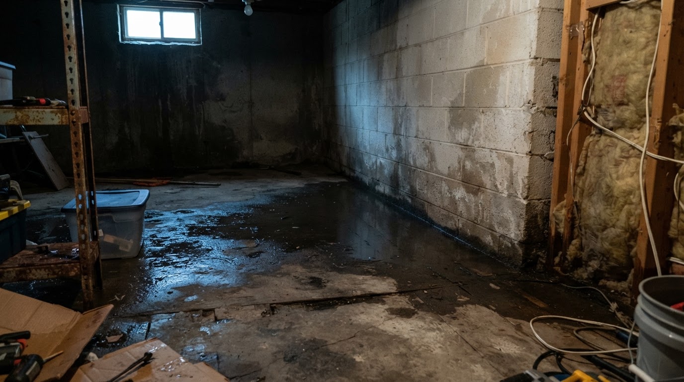 Water seepage pooling on a basement floor near the floor-wall joint after rain