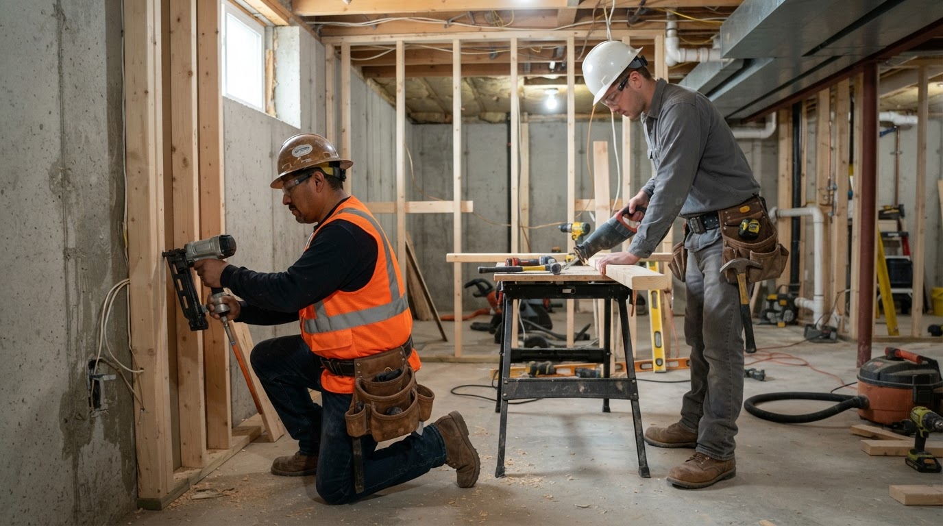 Foundation repair crew working in a residential basement in the Milwaukee area