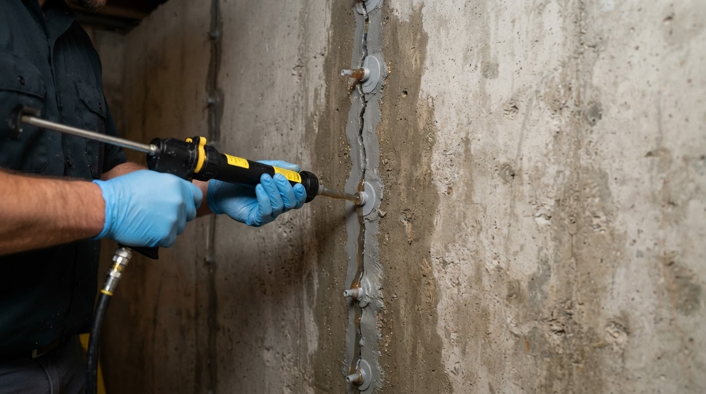 Epoxy injection ports sealing a vertical crack in a poured concrete basement wall