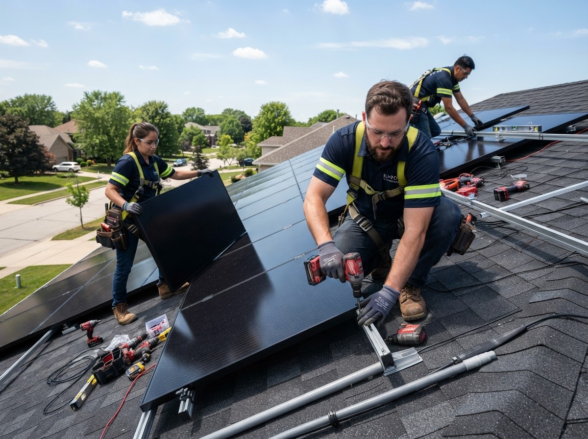 Crew installing sleek all-black solar panels on a sunny home