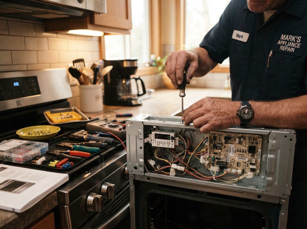 Technician repairing the control panel of an oven