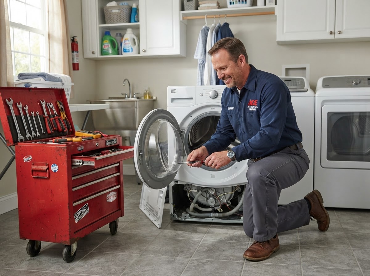 Technician repairing a front-load washing machine