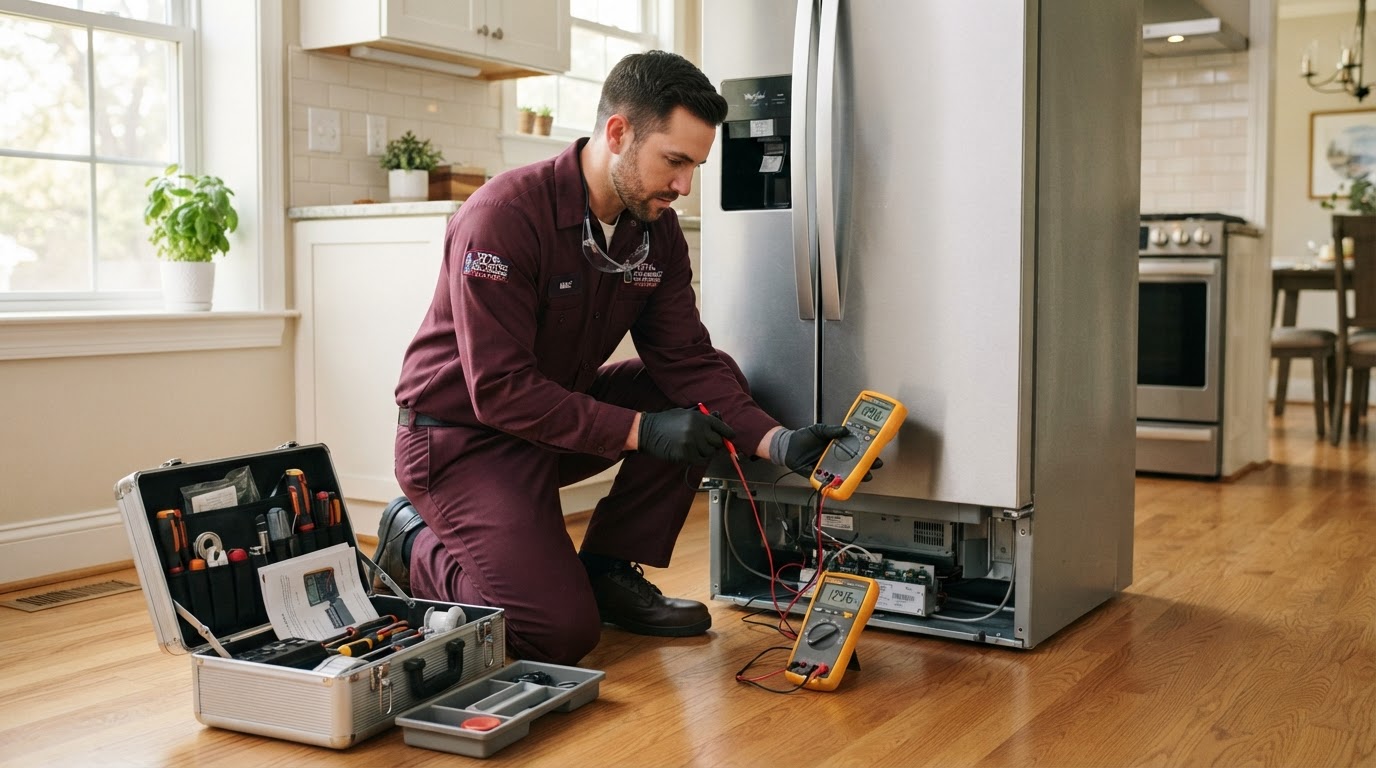 Appliance repair technician diagnosing a refrigerator