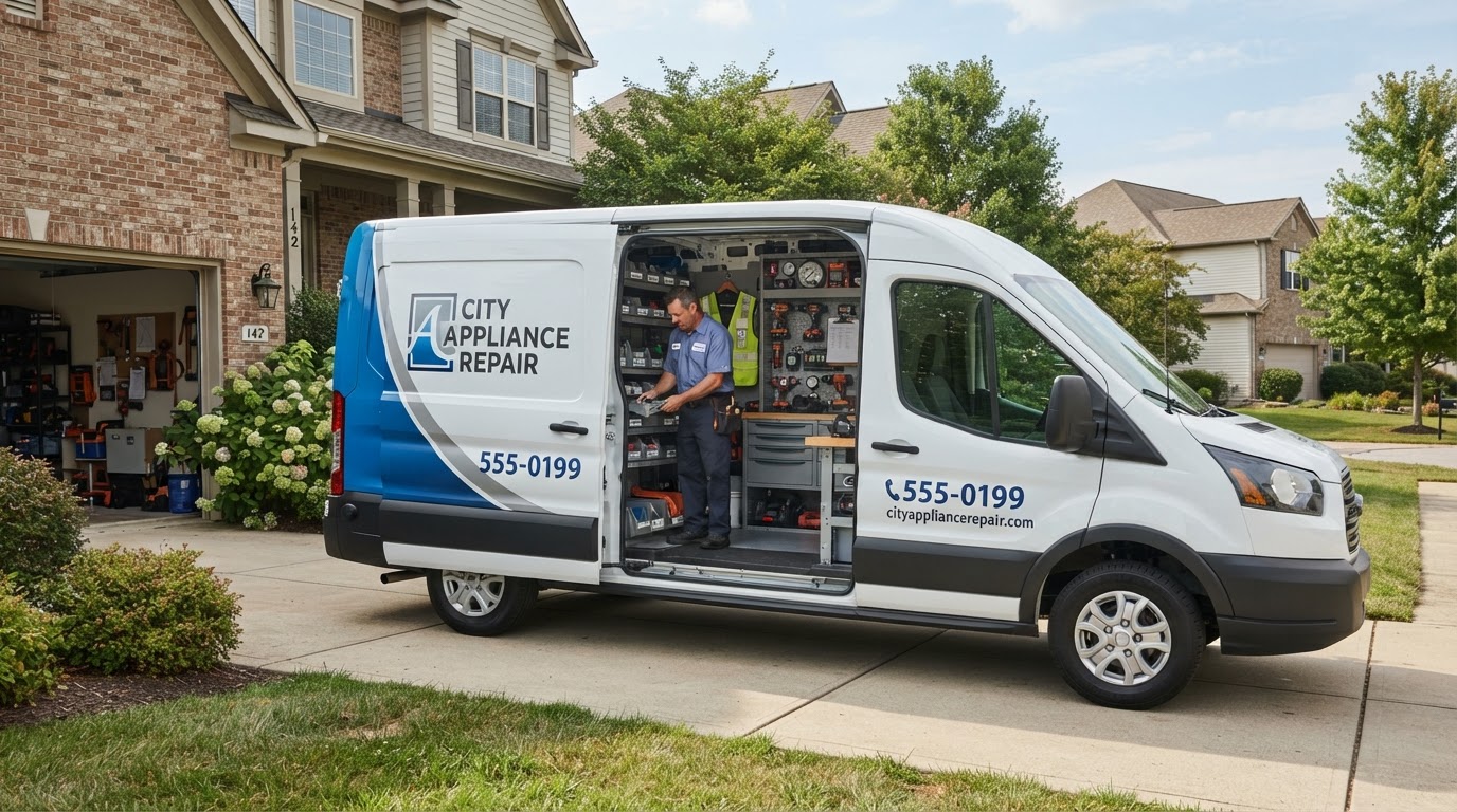 Appliance repair service van in a residential driveway