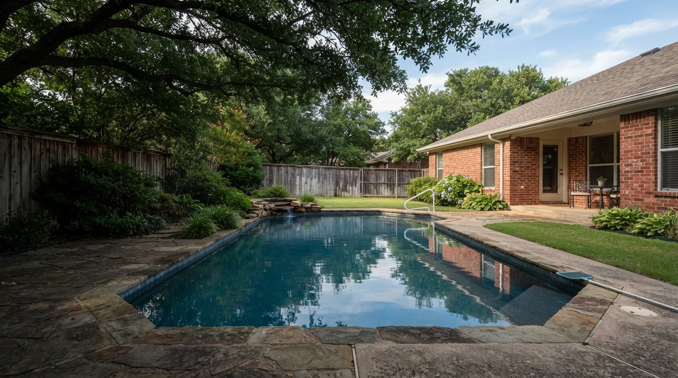 Calm residential pool with still, reflective water in a shaded North Texas backyard